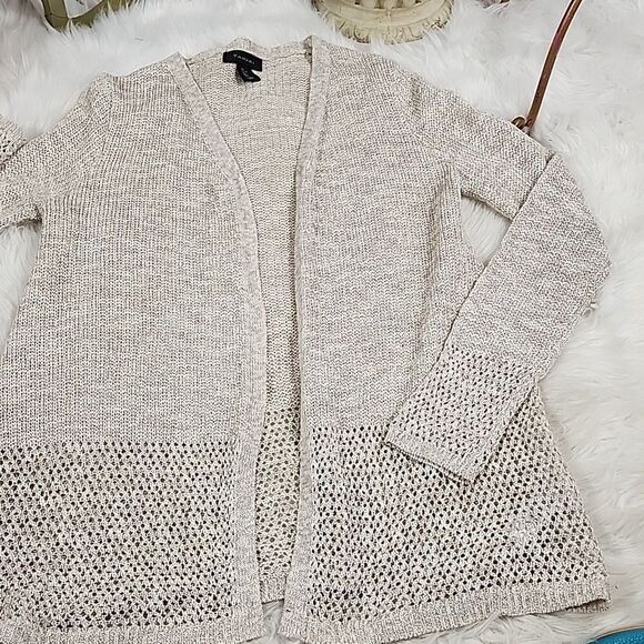 Woven Neutral Tan Long Open Cardigan Sweater Tahari Size L Minmalist Fisherman - Picture 9 of 9